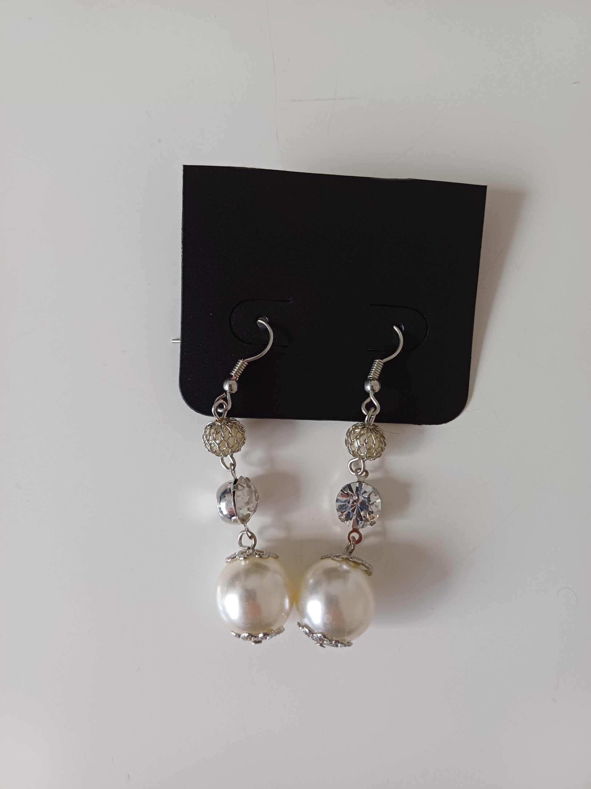 3 Drop Pearl and Crystal Silver Earrings