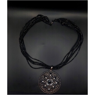 Bead Encrusted Black Round Pendant